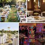 Elegant tiered dessert stands at festive events with guests enjoying the celebrations.