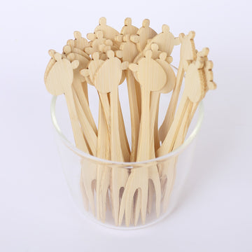 100 Pack Natural Eco Friendly Giraffe Bamboo Mini Forks, 4" Double Pronged Biodegradable Cocktail Picks Disposable Party Supplies
