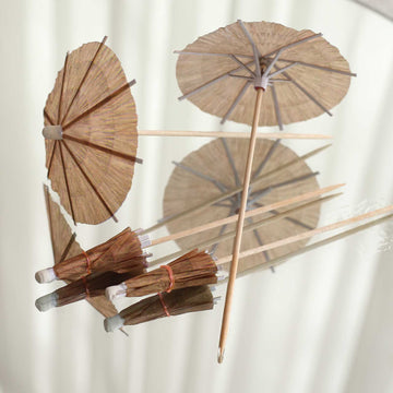 50 Pack Natural Eco Friendly Tiki Hut Paper Umbrella Cocktail Picks, 6" Biodegradable Bamboo Skewers Cocktail Sticks