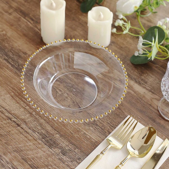 10 Pack Clear Round Plastic Dessert Bowls with Gold Beaded Rim, 12oz Disposable Salad Bowls