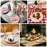 Assorted dining table setups featuring elegant tableware and decorative elements.