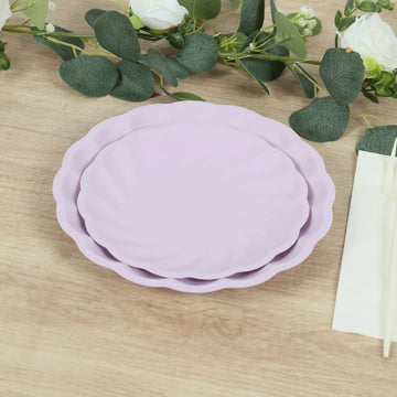 20 Pack Biodegradable Salad Plates in Lavender Lilac – 7" Swirl Scalloped Pastel Color Compostable Bamboo Dessert Plates, Elegant Disposable Tableware