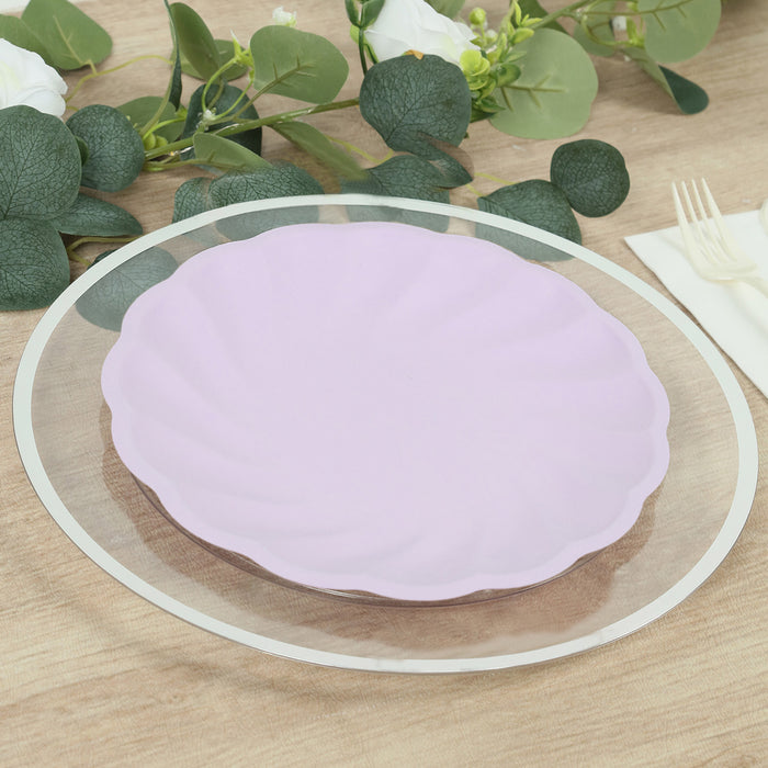 20 Pack Biodegradable Dinner Plates in Lavender Lilac –Swirl Scalloped Pastel Color