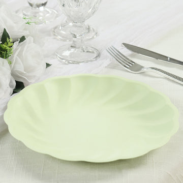 20 Pack Biodegradable Dinner Plates in Sage Green – 9" Swirl Scalloped Pastel Color Compostable Bamboo Party Plates, Elegant Disposable Tableware