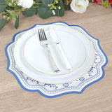 10 Pack White Blue Cardboard Paper Table Mats with French Toile Pattern, 13inch Round Disposable