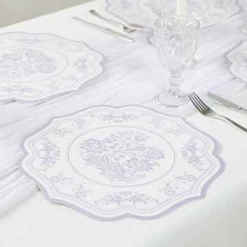 10 Pack White Lavender Cardboard Paper Table Mats with French Toile Pattern, 13" Lilac Round Disposable Placemats with Scalloped Rim - 400 GSM