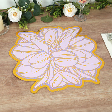 10 Pack Lavender Peony Cardboard Paper Table Mats with Gold Foil Edges, 14" Lilac Disposable Floral Paper Placemats - 300GSM