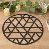 6 Pack Black Laser Cut Geometric Triangle Cardboard Dining Table Mats, Round Disposable Placemat