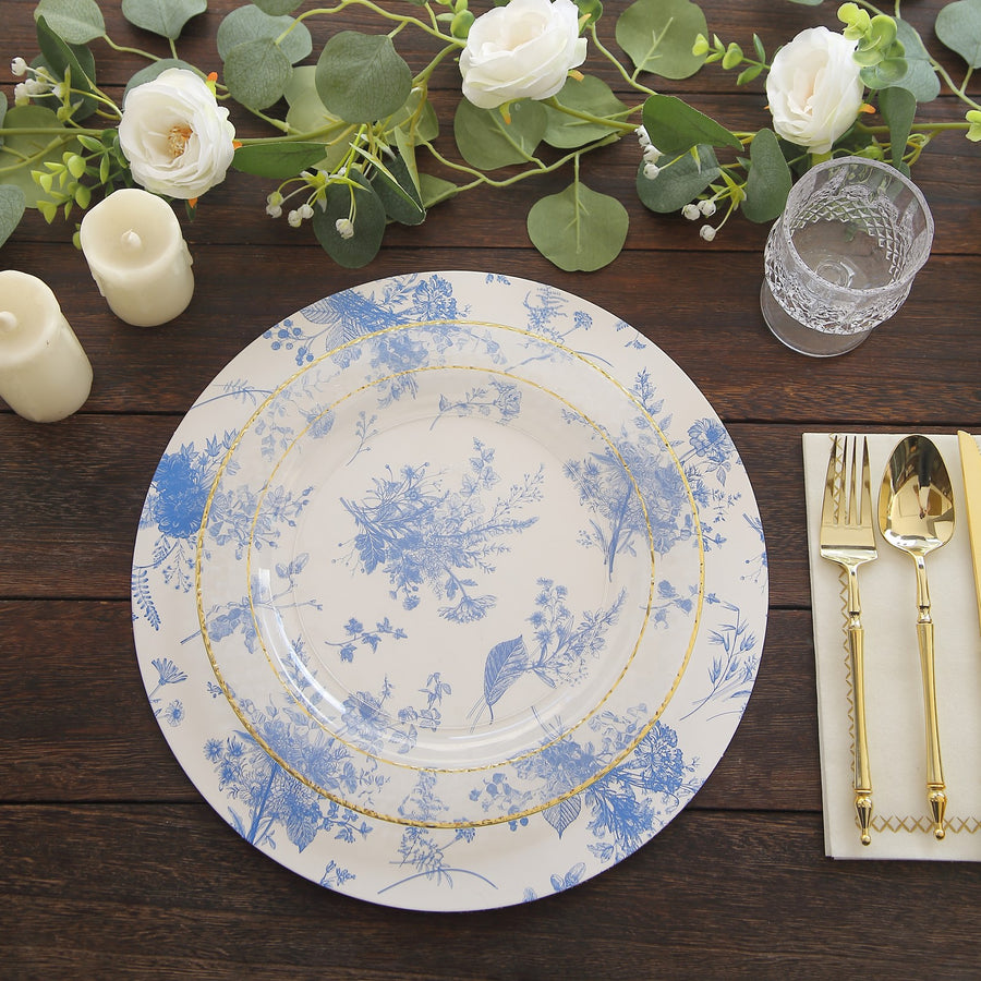 6 Pack White Blue Cardboard Paper Charger Plates with Chinoiserie Floral Print, 13inch Round