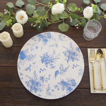 6 Pack White Blue Cardboard Paper Charger Plates with Chinoiserie Floral Print, 13" Round Disposable Serving Trays - 700 GSM