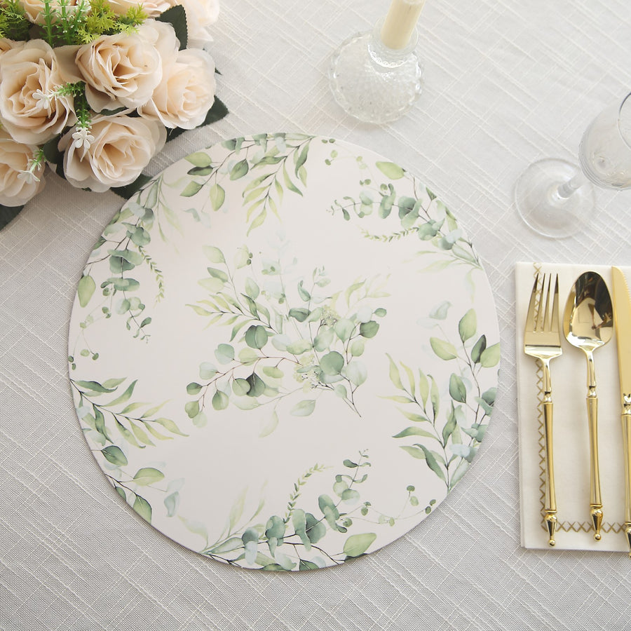 6 Pack White Green Cardboard Paper Charger Plates with Eucalyptus Leaves Print, 13inch Round 