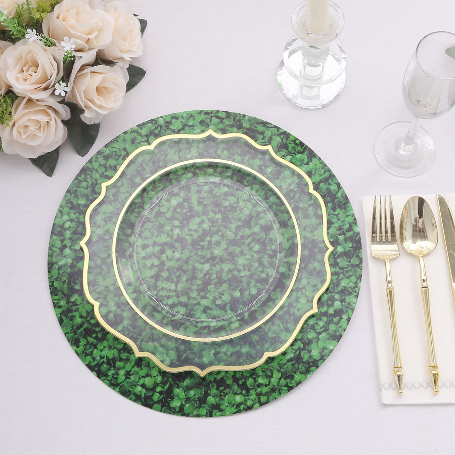 6 Pack Green Boxwood Leaf Print Disposable Dining Table Mats, 13inch Round Cardstock Paper Placemats
