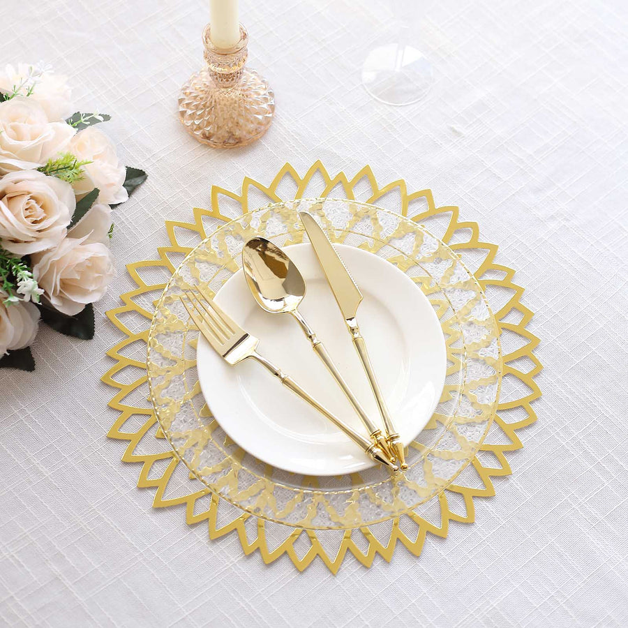 6 Pack Metallic Gold Laser Cut Hibiscus Flower Disposable Table Mats, 13" Round Cardboard Placemats - 400GSM