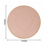 Pink round placemat with gold trim, 13 inches in diameter.
