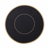 Black round mat with gold trim, featuring concentric circles design. #whtbkgd