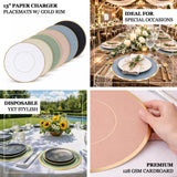 13" paper charger placemats with gold rim in various colors