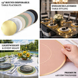 13" round disposable table placemats in various colors for stylish event dining.
