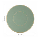 Green round placemat with gold trim, 13 inches in diameter.