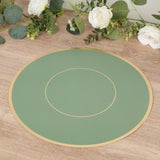 Green round placemat with gold trim on a wooden table.