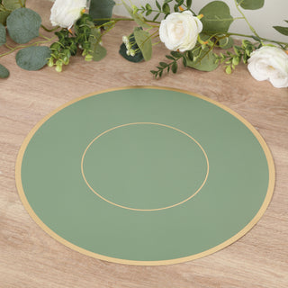 Green round placemat with gold trim on a wooden table.