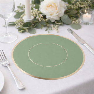 Elegant green placemat with gold rim on a beautifully set dining table.