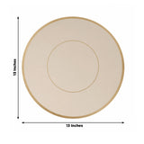 Round cream plate with gold trim, 13 inches in diameter.