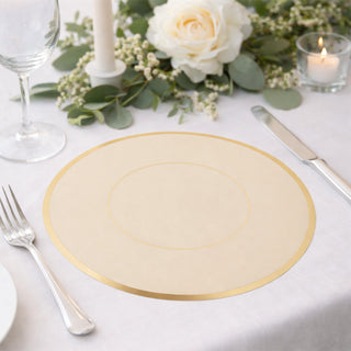 Elegant round placemat with gold trim on a dining table setting.