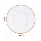 13-inch round white plate with gold rim, studio-style shot