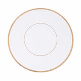 White circular plate with a gold rim, isolated on a plain background. #whtbkgd