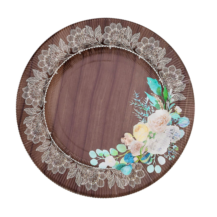 25 Pack Round Paper Charger Plates in Brown Rustic Wood Print, 13inch Disposable Charger#whtbkgd