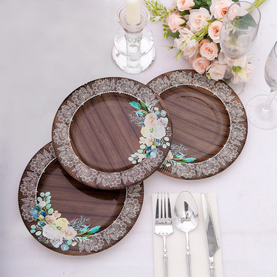 25 Pack Round Paper Charger Plates in Brown Rustic Wood Print, 13inch Disposable Charger Plates
