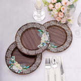 25 Pack Brown Rustic Wood Print 13inch Disposable Charger Plates With Floral Lace Rim
