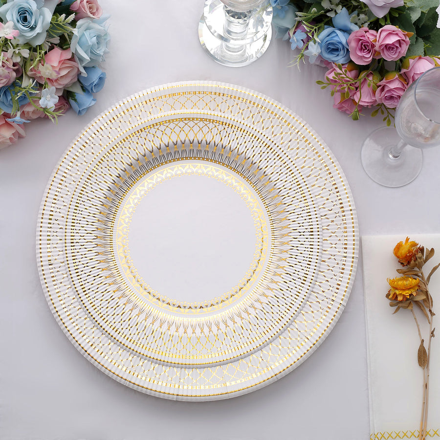 25 Pack | 13inch Gold / White Vintage Style Paper Charger Plates