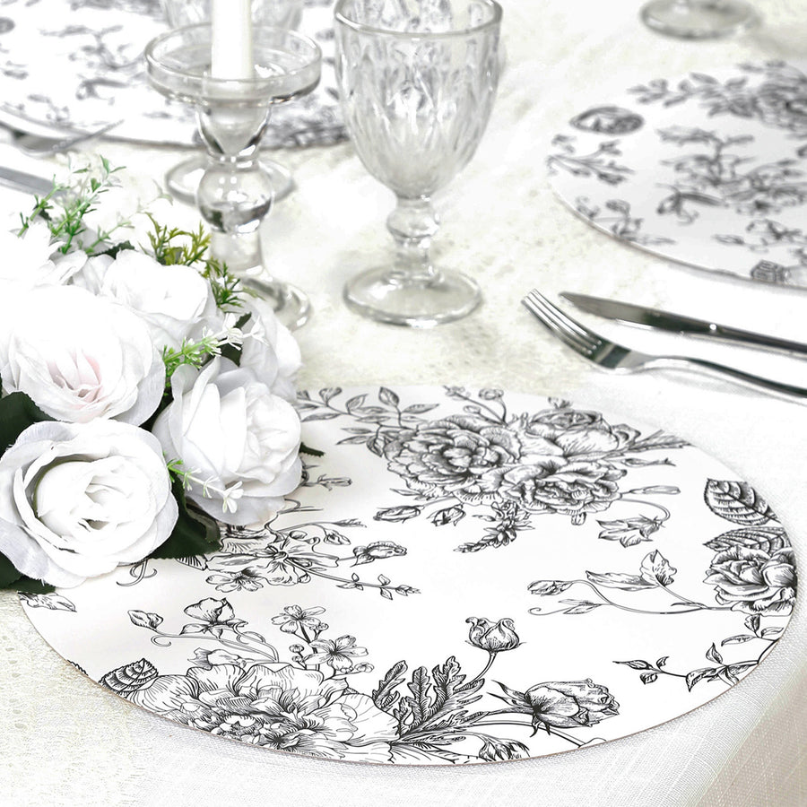 10-Pack Disposable Table Placemats in French Toile Print 13inch White/Black - Chic Floral