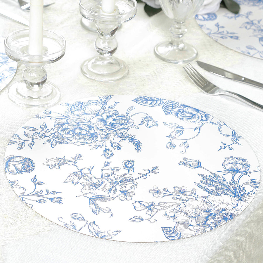 10-Pack Disposable Table Placemats in French Toile Print 13inch White/Blue - Chic Floral