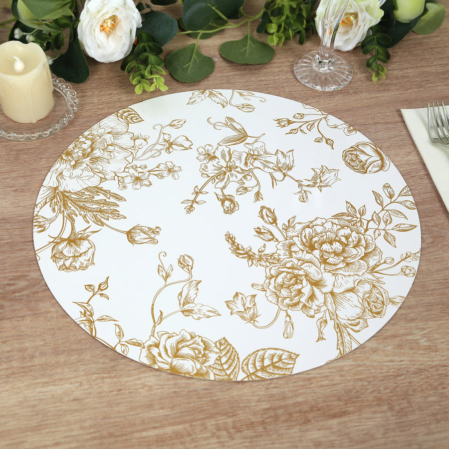 6 Pack White Gold Cardboard Paper Charger Plates in French Toile Floral Pattern, 13 Round