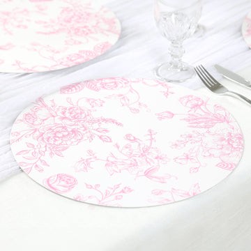 10 Pack 13" Disposable Placemats in French Toile Floral Pattern, Matte Pink and White Cardboard Paper Charger Plates