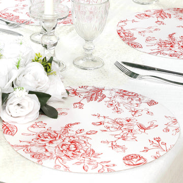 10-Pack Disposable Table Placemats in French Toile Print 13" in Matte White/Red - Chic Floral Cardboard Placemats for Stylish Table Setting