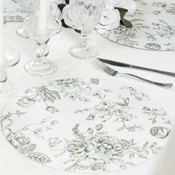 10-Pack Disposable Table Placemats in French Toile Print 13" in Matte White/Sage Green - Chic Floral Cardboard Placemats for Stylish Table Setting