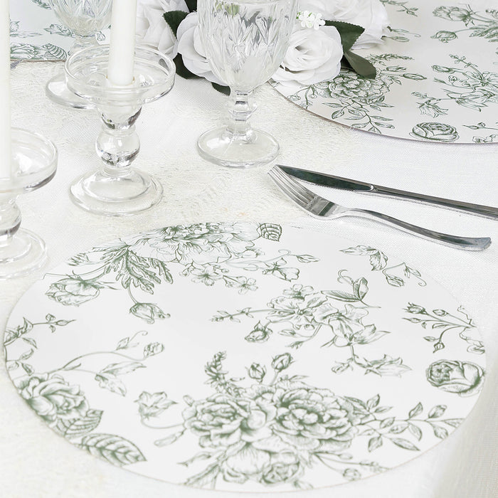 10-Pack Disposable Table Placemats in French Toile Print 13inch Matte White/Sage Green