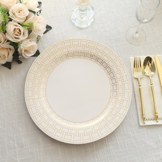 Elevate Your Table Setting with White Disposable Serving Plates with Gold Basketweave Pattern Rim