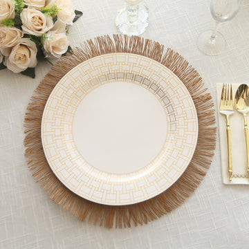 10 Pack White Disposable Serving Plates With Gold Basketweave Pattern Rim, 13" Round Cardstock Paper Charger Plates - 650GSM