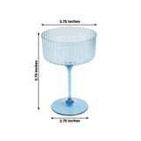 Blue ribbed dessert glass, 5.75 inches tall, 3.75-inch diameter, on white background.