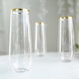 12 Pack Plastic Champagne Glasses in Clear with Gold Rim, Reusable Lightweight Champagne