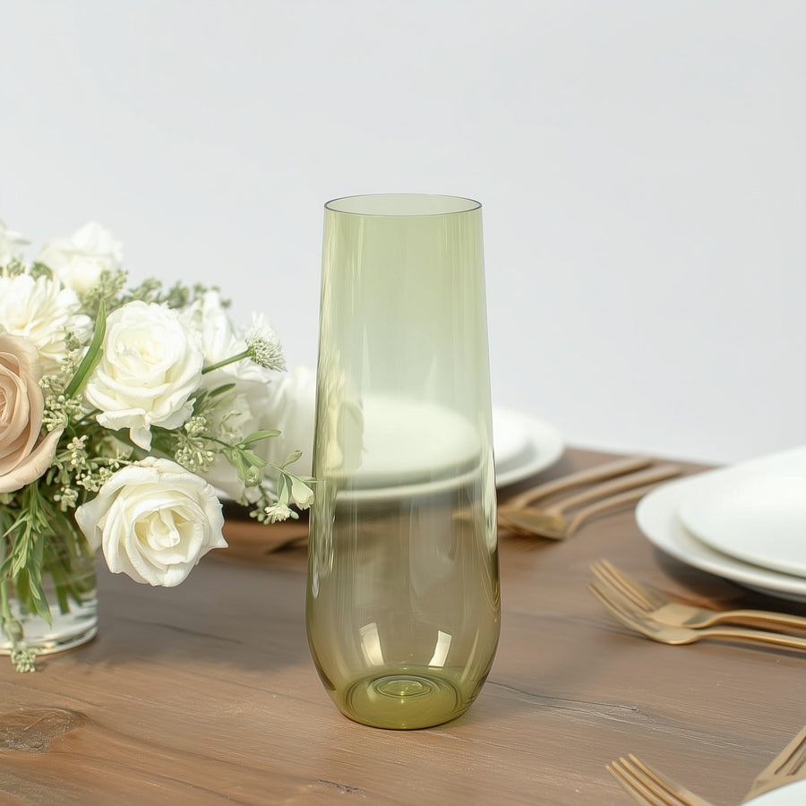 12 Pack Plastic Champagne Glasses in Transparent Dusty Sage Green