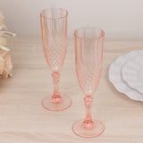 6 Pack Transparent Blush Crystal Cut Reusable Plastic Wedding Flute Glasses, 8oz Shatterproof