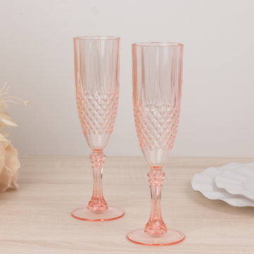 6 Pack Transparent Blush Crystal Cut Reusable Plastic Wedding Flute Glasses, 8oz Shatterproof Champagne Toast Glasses