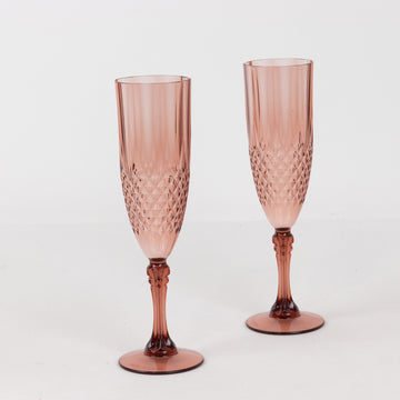 6 Pack 8oz Dusty Rose Crystal Cut Reusable Plastic Wedding Flute Glasses, Shatterproof Champagne Toast Glasses