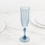 6 Pack Dusty Blue Crystal Cut Reusable Plastic Wedding Flute Glasses, 8oz Shatterproof