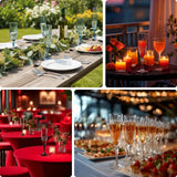 Elegant glassware set for a festive table in a lush outdoor setting.